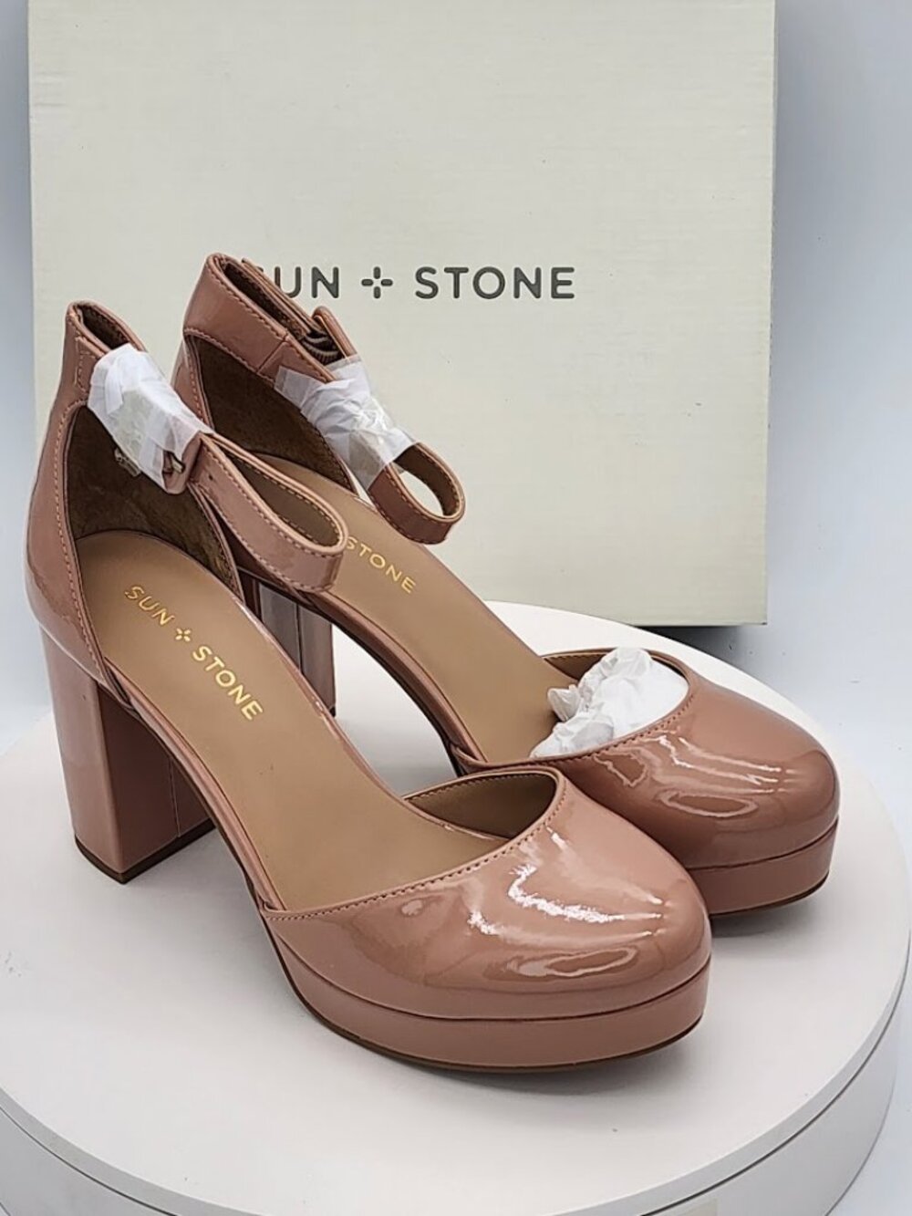 Sun + Stone Birdey Peony Patent Platform Ankle Strap Heels Size 8 - Picture 1 of 10